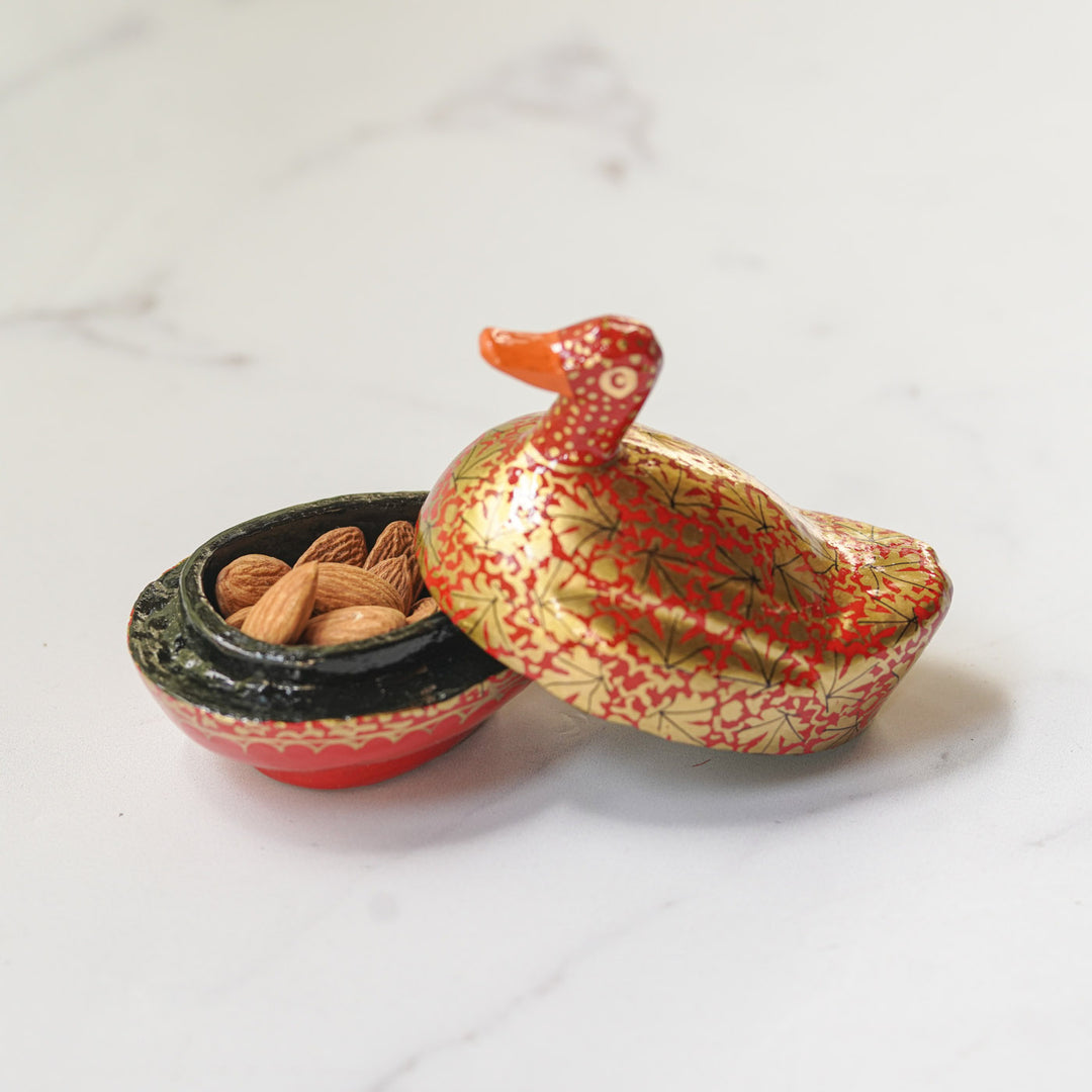 Hand-Painted Red & Gold Kashmiri Paper Mache Duck Trinket Box