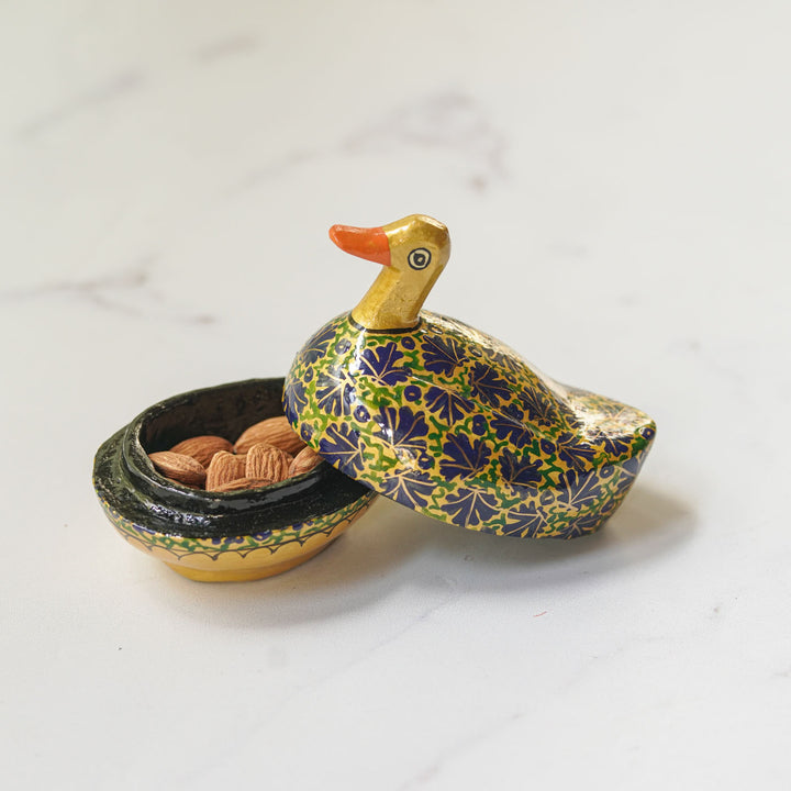 Hand-Painted Blue & Gold Kashmiri Paper Mache Duck Trinket Box