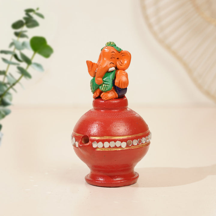 Handmade Painted Ganesh Design Terracotta Oil Lamp / Diya | Includes 1 Magic Diya And 2 Diyas