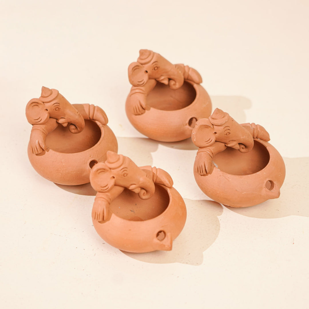 Set Of 4 | Handmade Ganesh Design Terracotta Oil Lamp / Diya