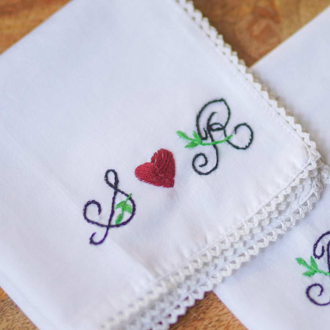 2 Pc | Personalized Hand Embroidered Red Heart Cotton Handkerchief For Couples