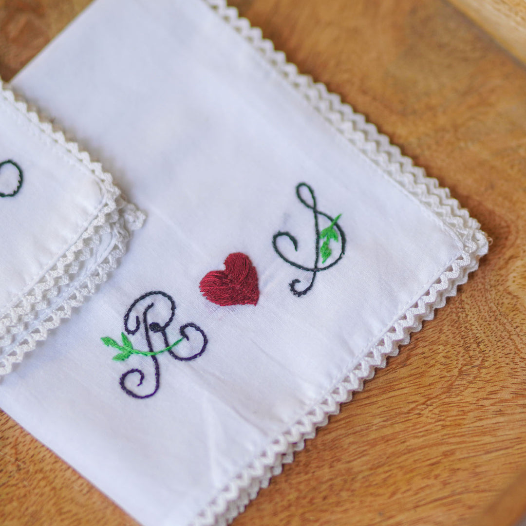 2 Pc | Personalized Hand Embroidered Red Heart Cotton Handkerchief For Couples