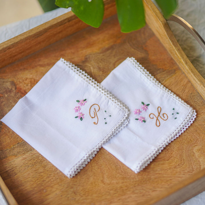 2 Pc | Personalized Hand Embroidered Victorian Floral Cotton Handkerchief