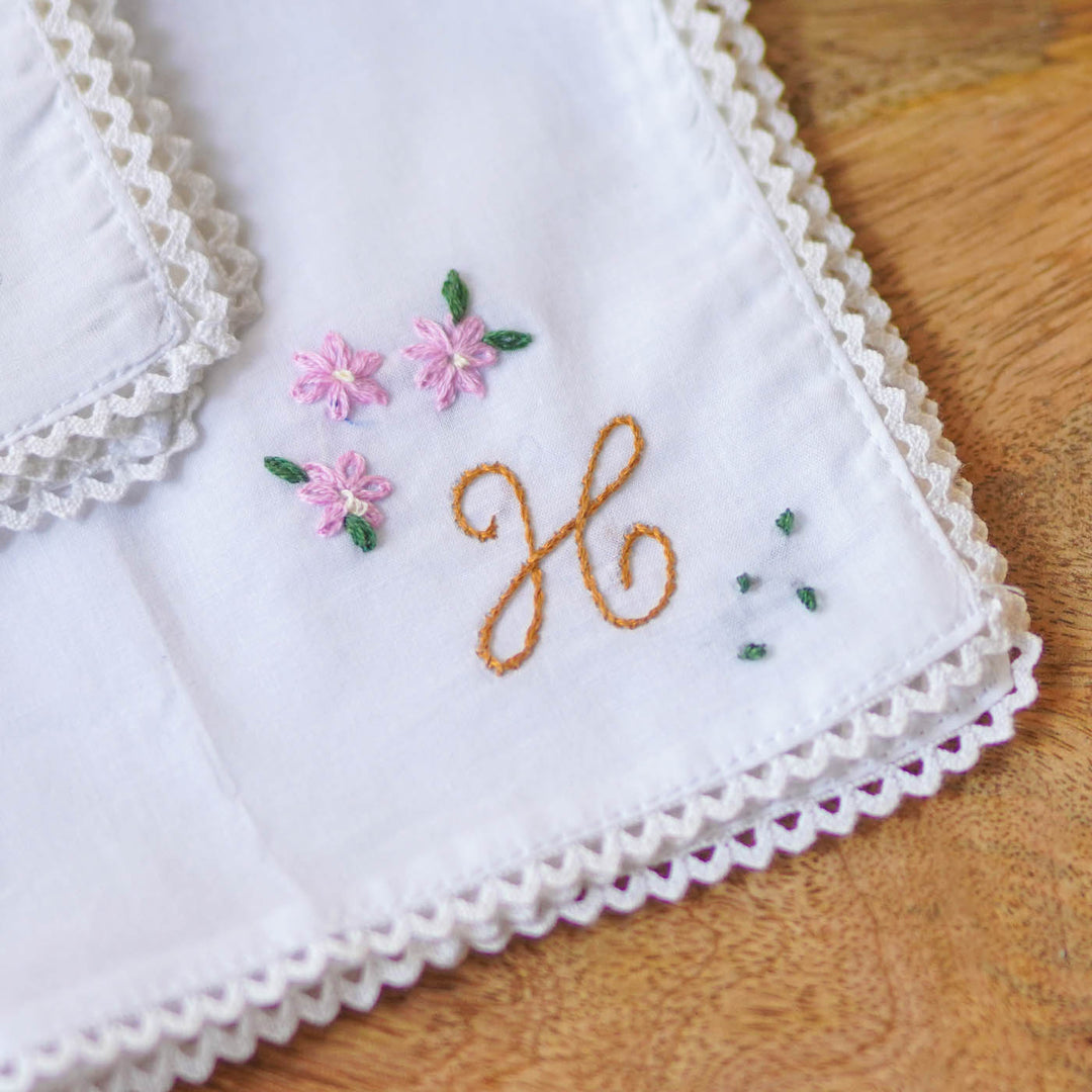 2 Pc | Personalized Hand Embroidered Victorian Floral Cotton Handkerchief
