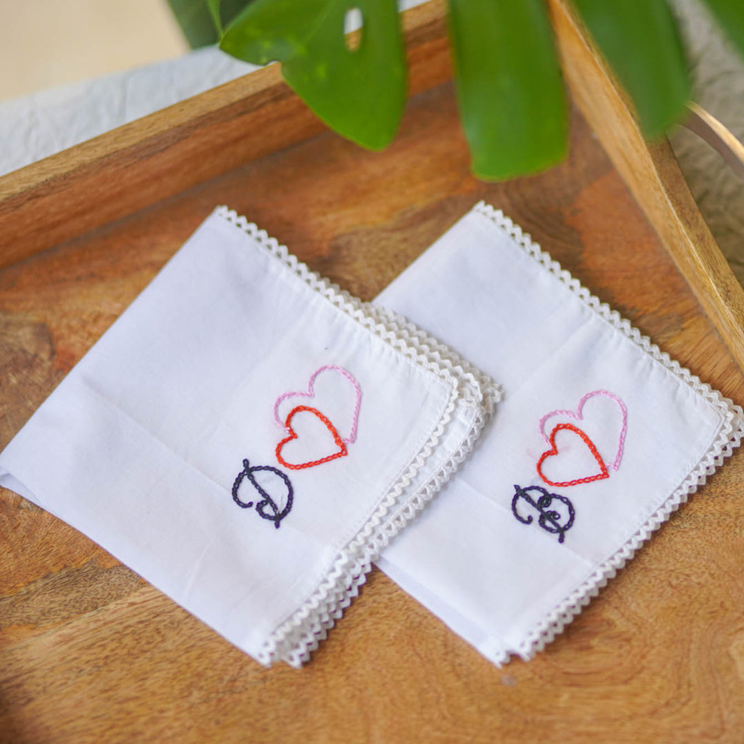 2 Pc | Personalized Hand Embroidered Double Heart Cotton Handkerchief