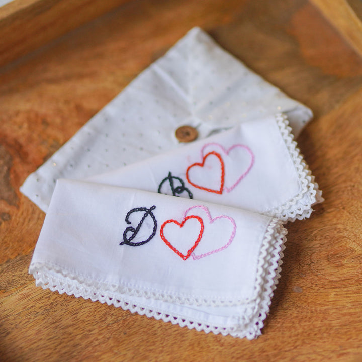 2 Pc | Personalized Hand Embroidered Double Heart Cotton Handkerchief