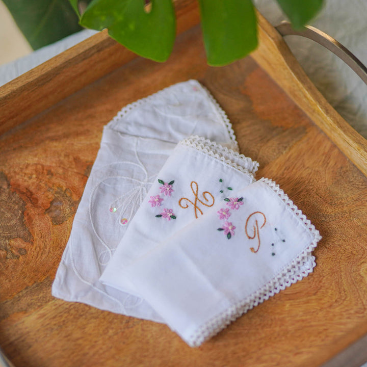 2 Pc | Personalized Hand Embroidered Victorian Floral Cotton Handkerchief