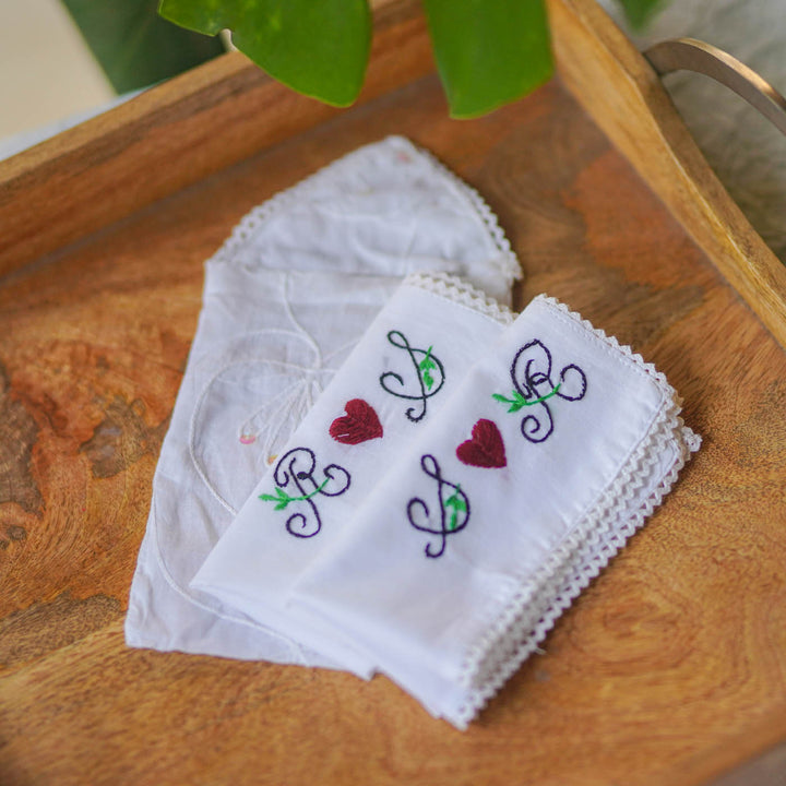 2 Pc | Personalized Hand Embroidered Red Heart Cotton Handkerchief For Couples