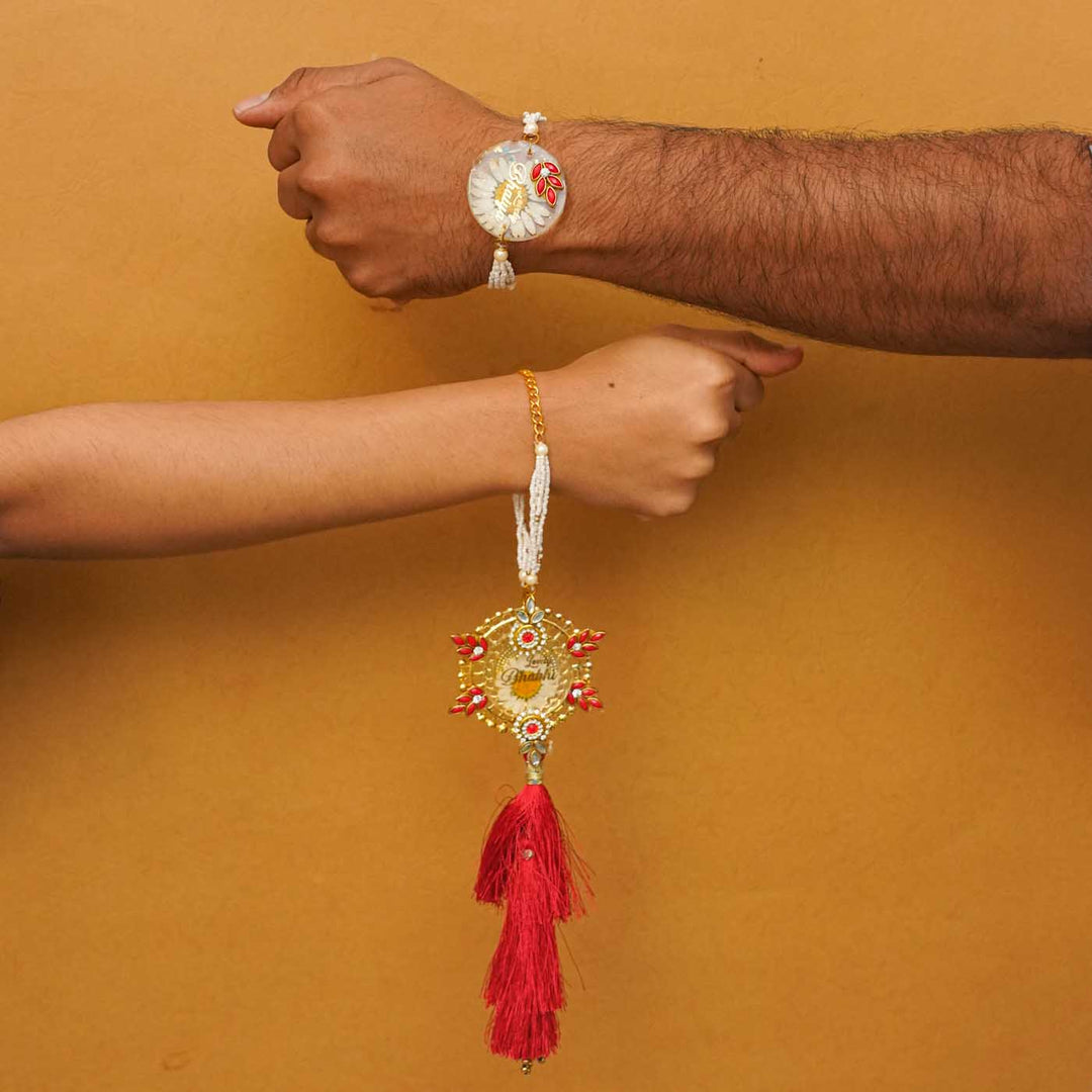 Handmade Resin Lovely Bhaiya And Lovely Bhabhi With Real Flower Rakhi With Chocolates And Roli Chawal Set Of 2 - Worn on wrists display