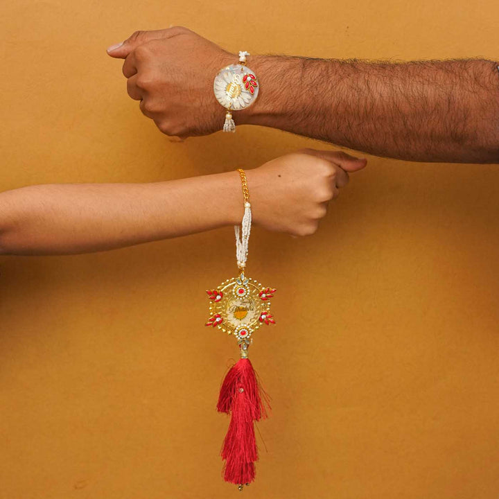 Handmade Resin Lovely Bhaiya And Lovely Bhabhi With Real Flower Rakhi With Chocolates And Roli Chawal Set Of 2 - Worn on wrists display