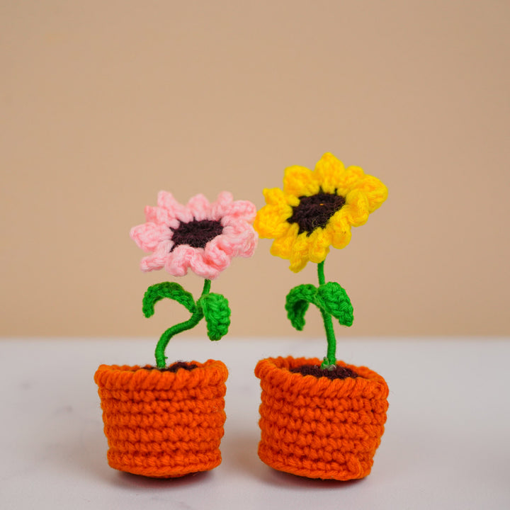 Handmade Crochet Pink Sunflower Flower Pot