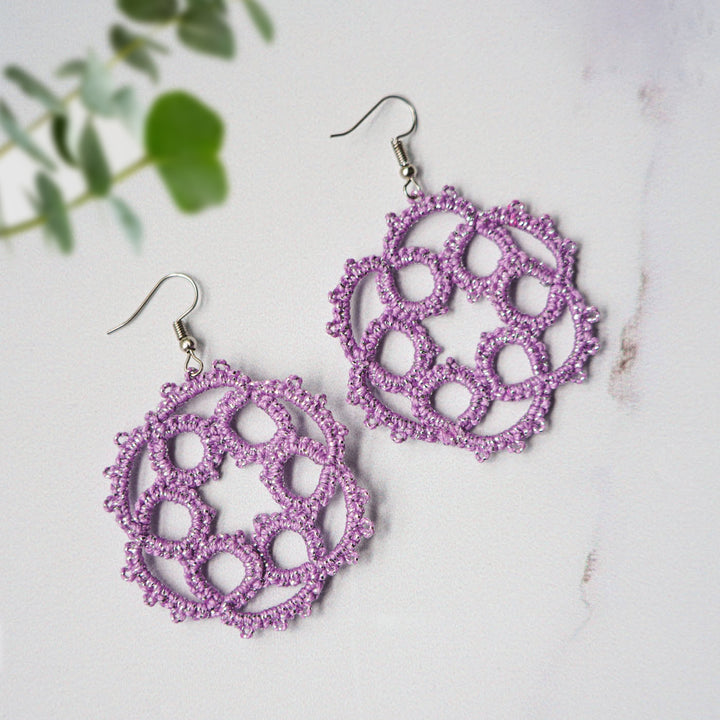 Handmade Tatting Violet Star Burst Cotton Metallic Earrings