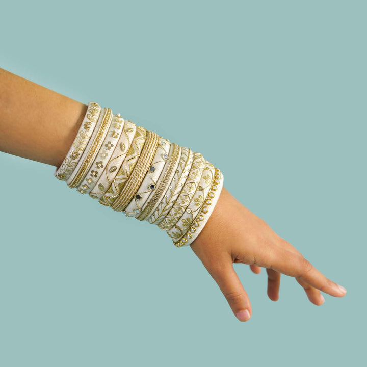 White Handcrafted Yahvi Embroidered Bangles | Set of 12