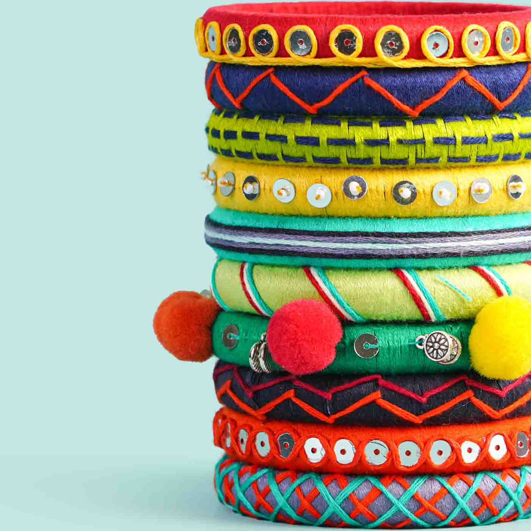 Multicolor Handcrafted Triya Pompom Thread Bangles | Set of 10