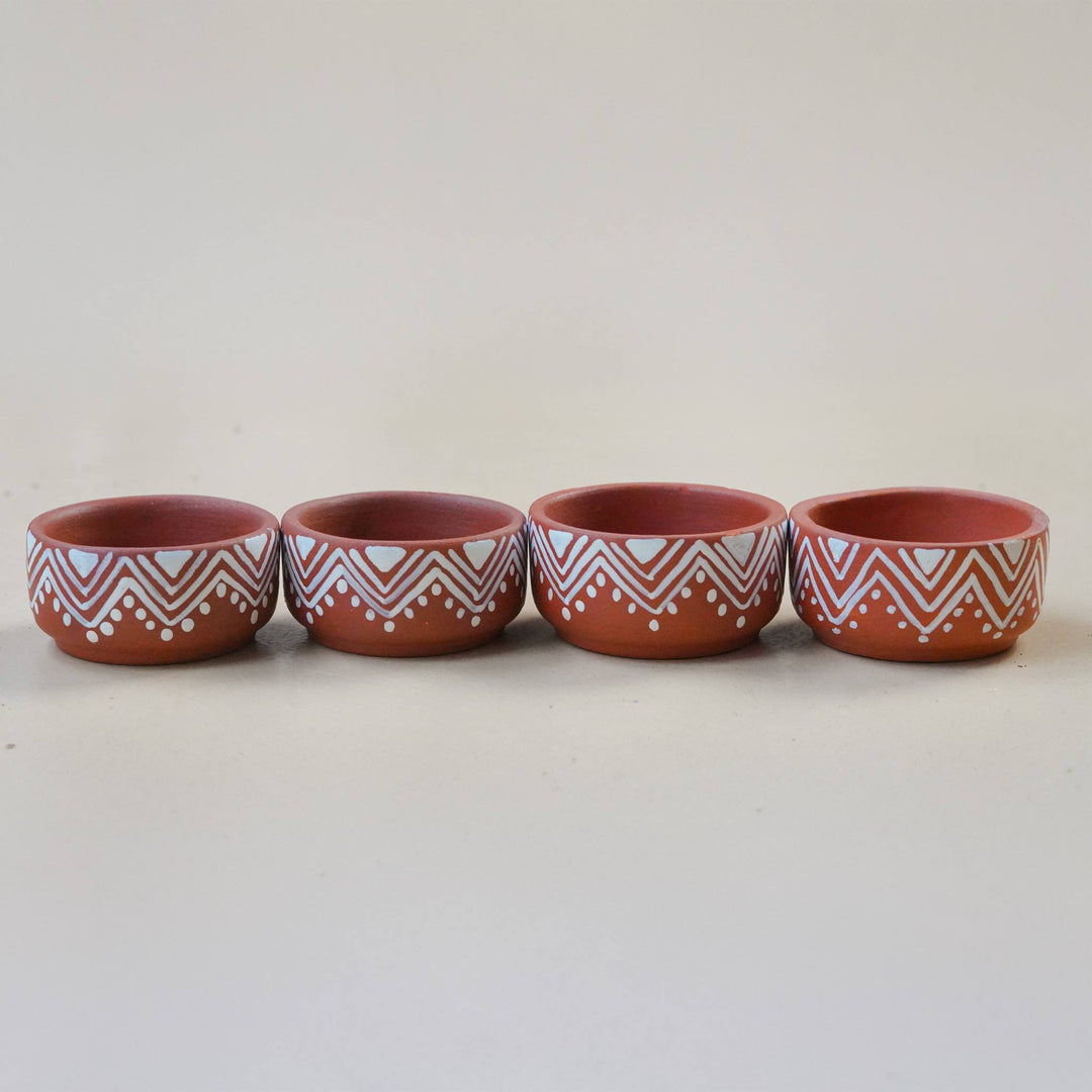 16 Pc | Hand-Painted Warli-Inspired Terracotta Diya & Tealight Holders For Festive Decor