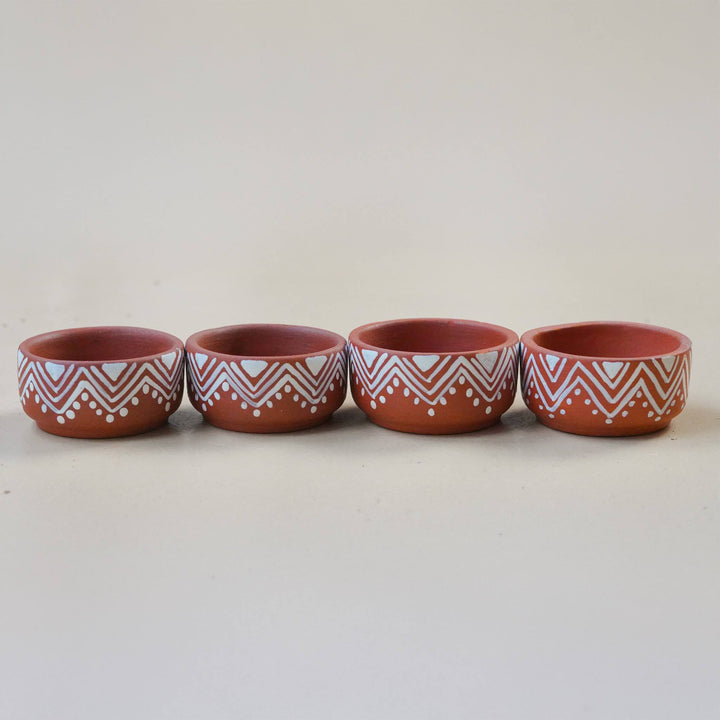 16 Pc | Hand-Painted Warli-Inspired Terracotta Diya & Tealight Holders For Festive Decor