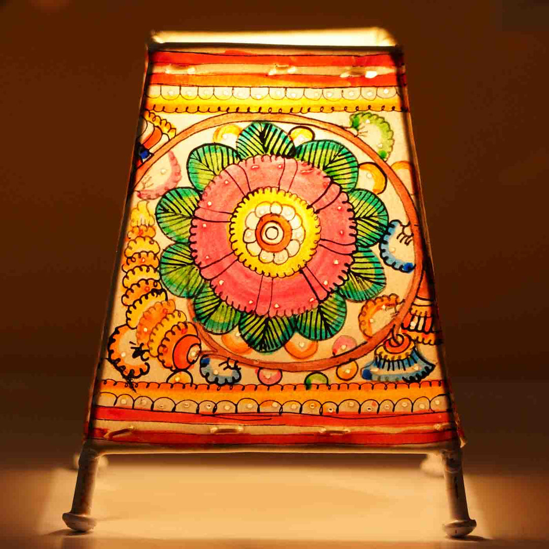 Floral Hand Painted Tholu Bommalata Small Tabletop Lamp | 6 inches