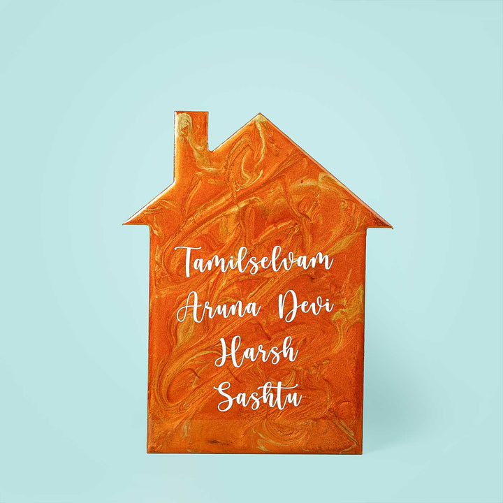 Handmade Resin Orange & Gold House Shaped Marbled Name Plate