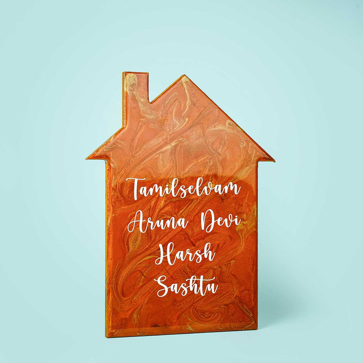 Handmade Resin Orange & Gold House Shaped Marbled Name Plate