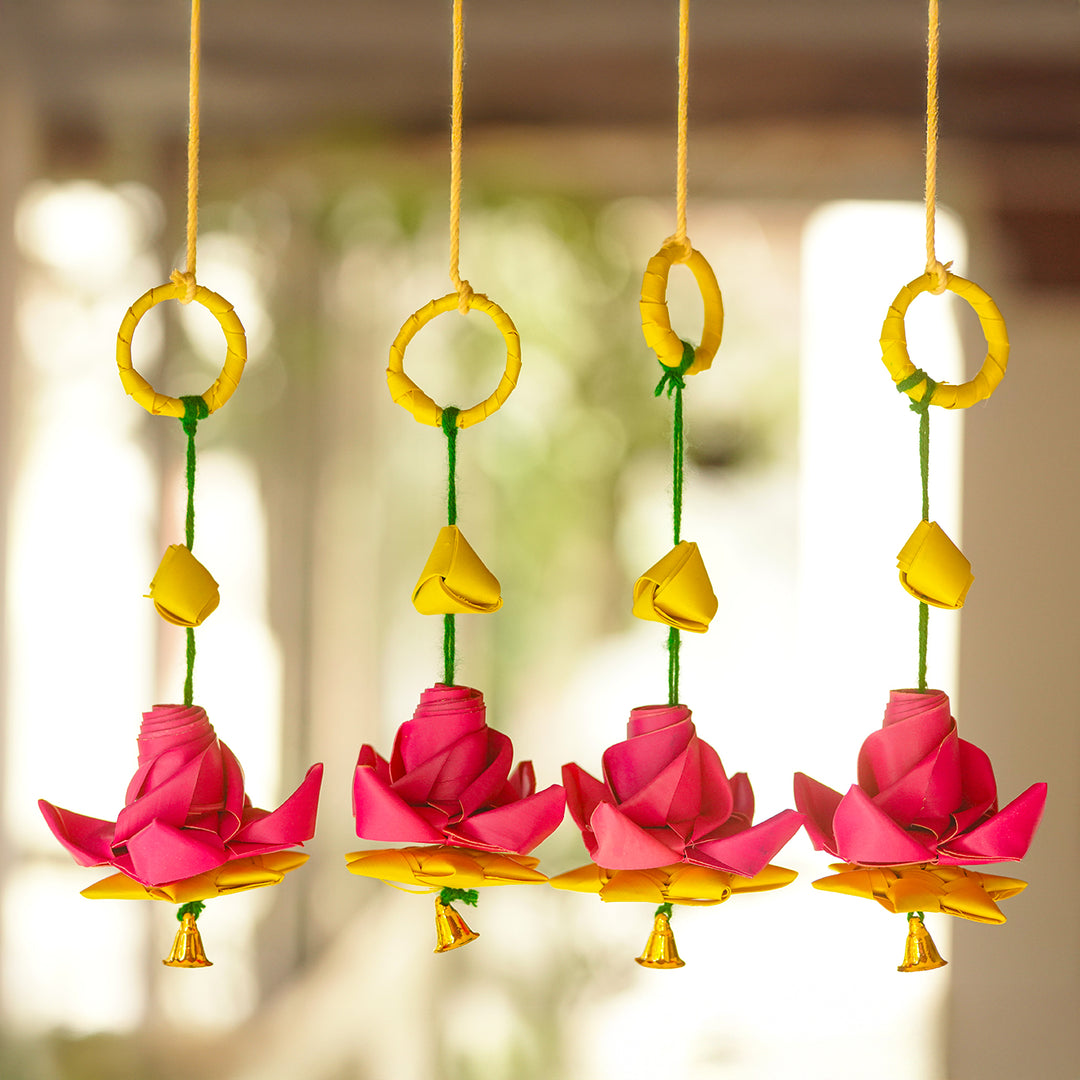 Handmade Palm Leaf Diwali Decor Lotus Hangings | Set Of 4
