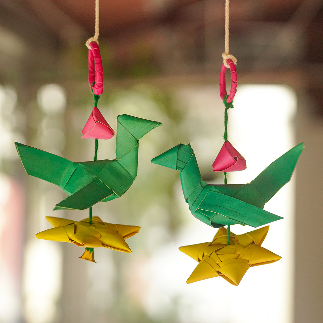 Handmade Diwali Decor Palm Leaf Parrot Hangings | Set Of 2