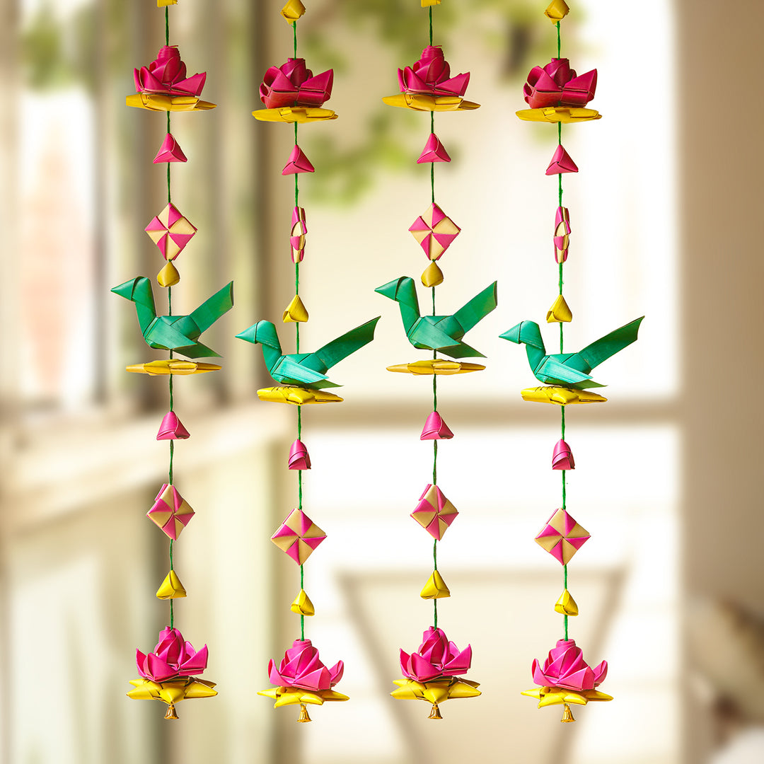 Handmade Palm Leaf Parrot & Lotus Hangings | Set Of 2