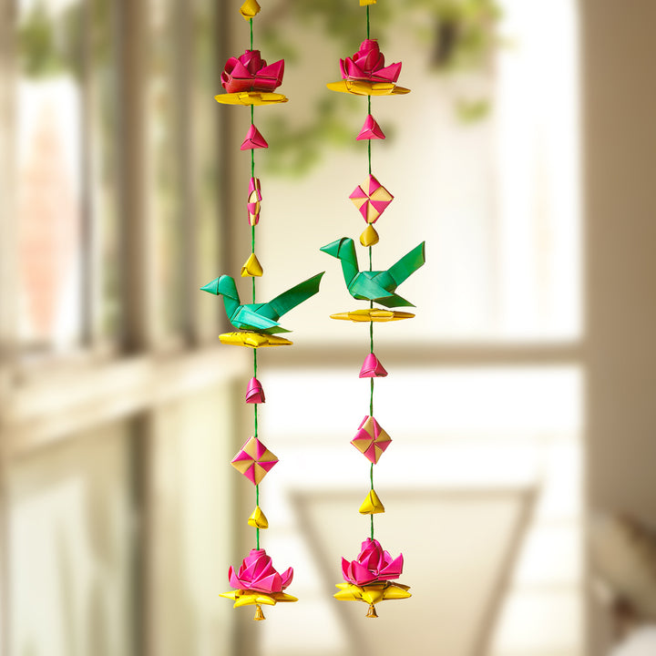 Handmade Palm Leaf Parrot & Lotus Hangings | Set Of 2