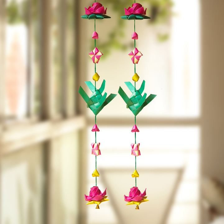 Handmade Decorative Fish & Lotus Palm Leaf Hangings | Set Of 2