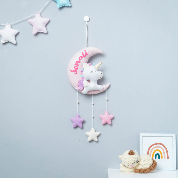 Handmade Personalized Felt Kids Name Hanging - Baby Unicorn On Moon