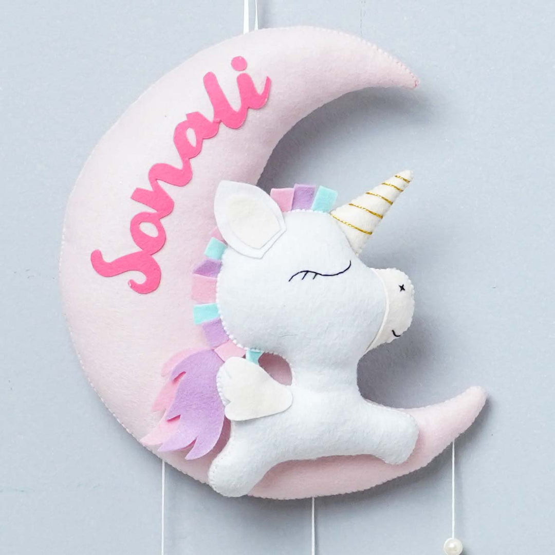 Handmade Personalized Felt Kids Name Hanging - Baby Unicorn On Moon