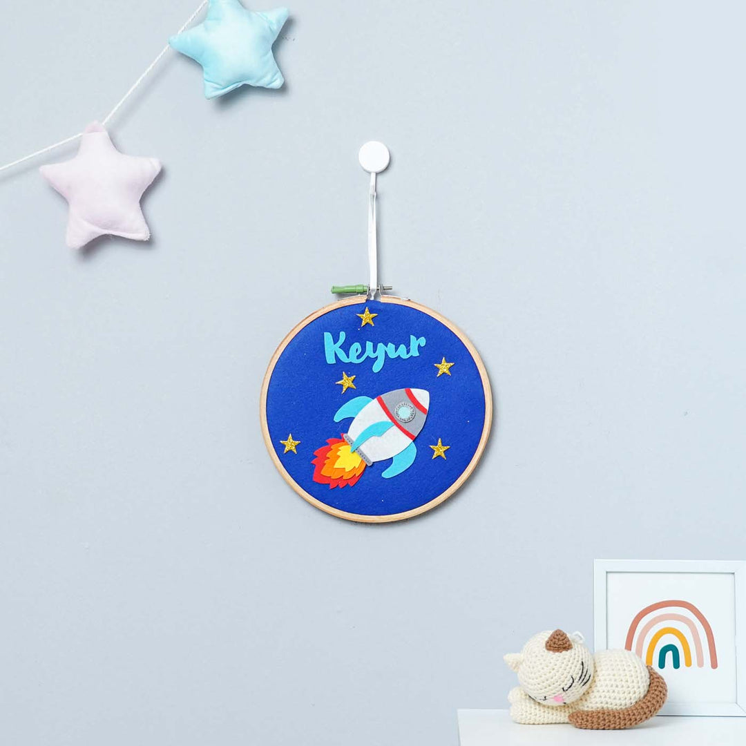 Handcrafted Personalized Rocket Hoop Nameplate - Hanging on Wall with Suction Hook