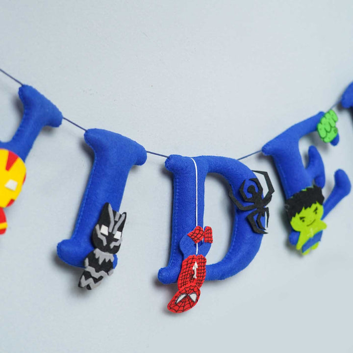 Handcrafted Personalized Superheroes Theme Felt Bunting - Close-up of Hanging Letter Garland
