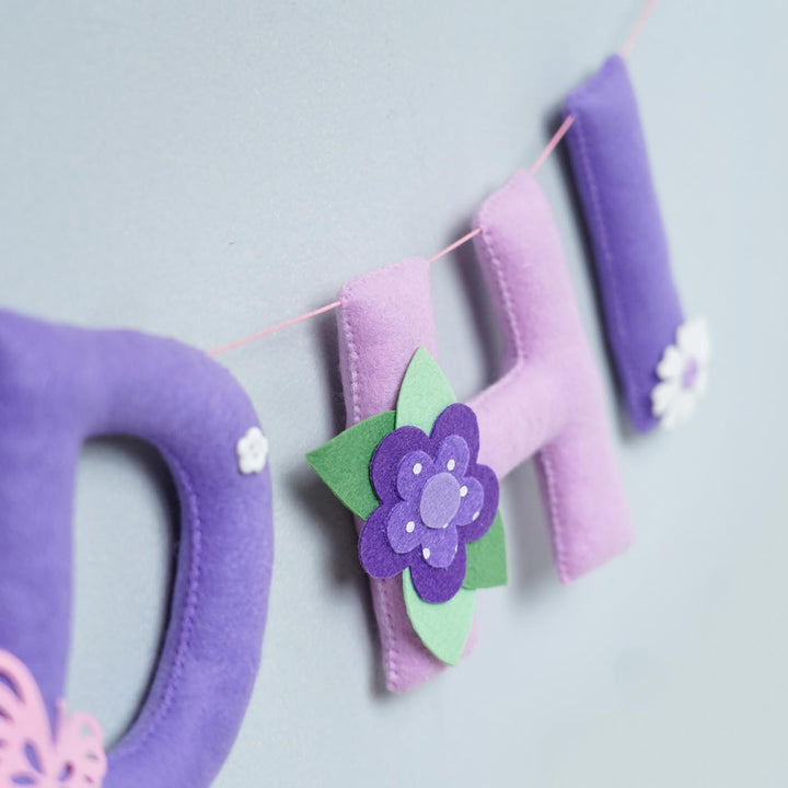 Handcrafted Personalized Butterfly Theme Felt Bunting - Close-up Hanging Garland Letters