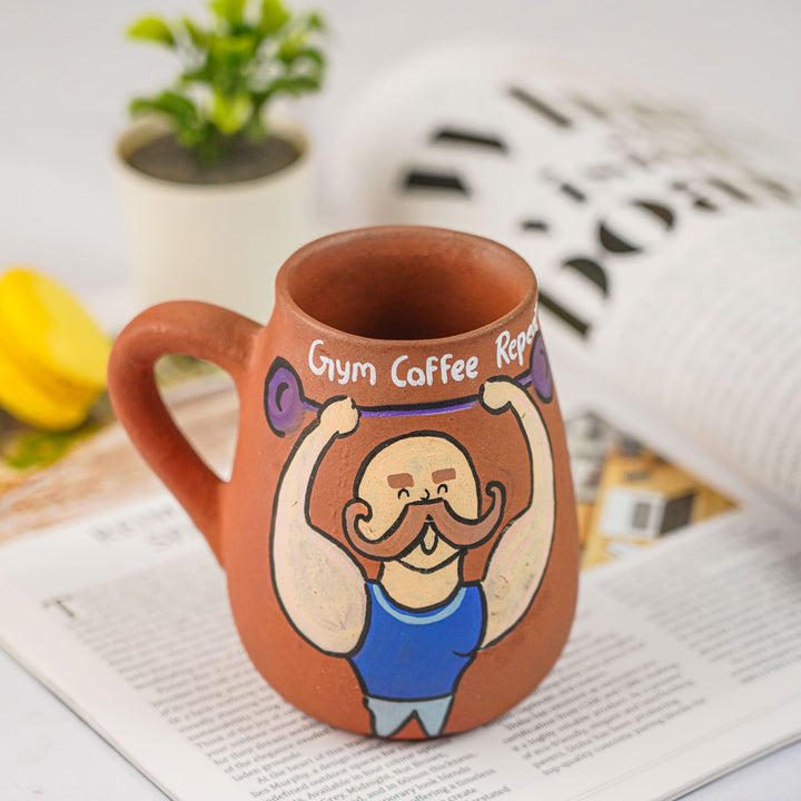 Handpainted Terracotta Mug With Body Builder Avatar Illustrations
