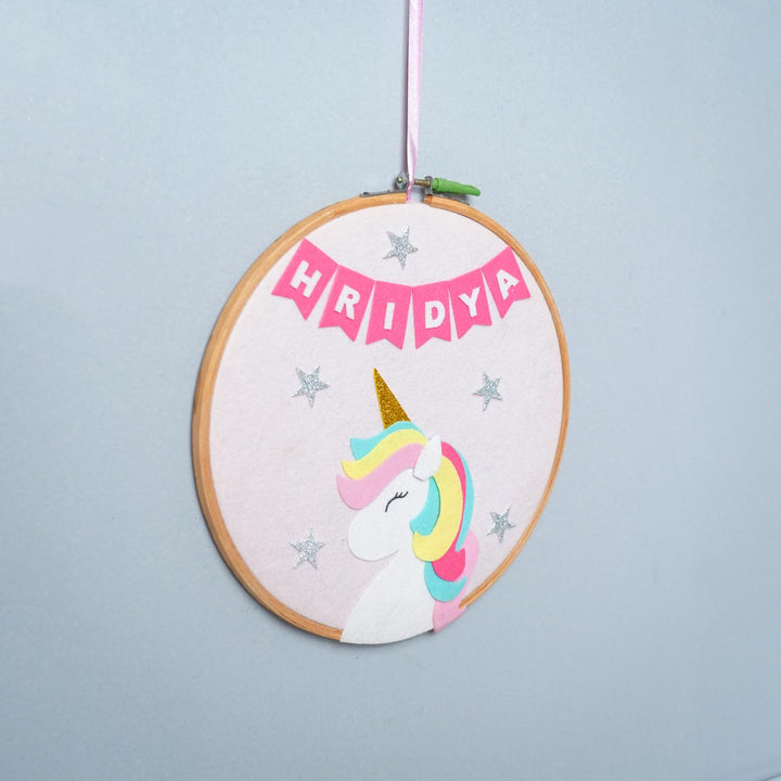 Handcrafted Personalized Unicorn Hoop Nameplate - Hanging Front Angle Showing Depth