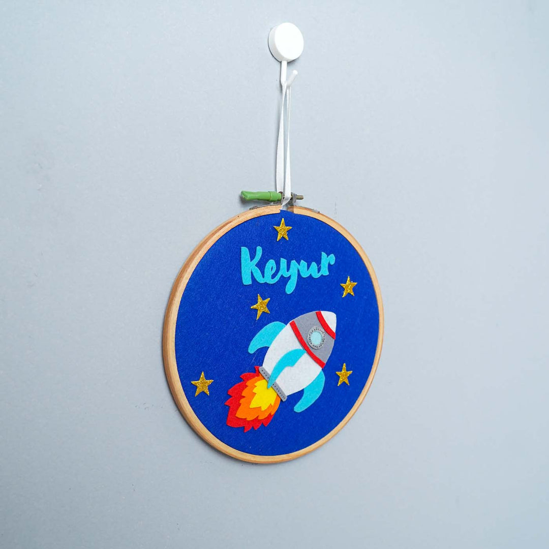 Handcrafted Personalized Rocket Hoop Nameplate - Hanging from Wall Hook
