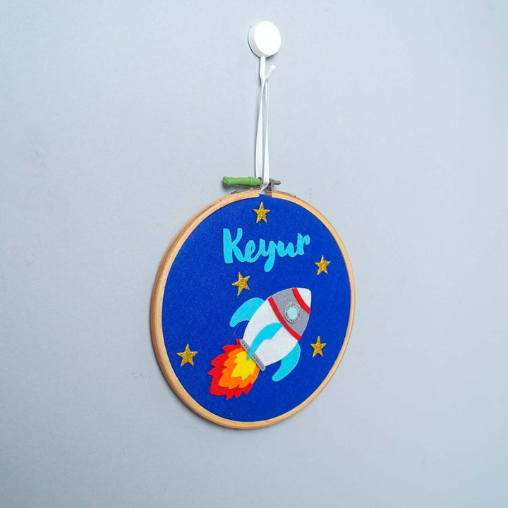 Handcrafted Personalized Rocket Hoop Nameplate - Hanging from Wall Hook