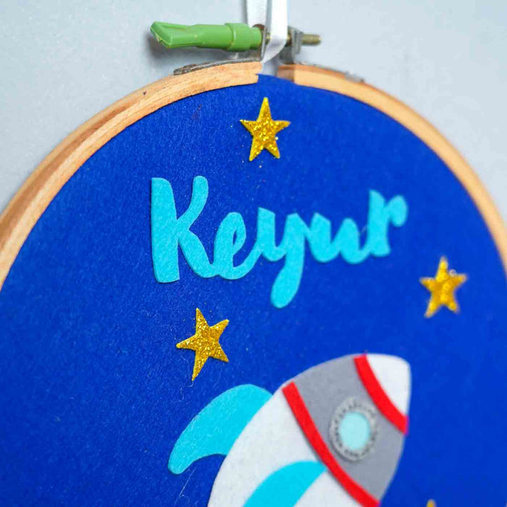 Handcrafted Personalized Rocket Hoop Nameplate - Side View Showing Hanging Clip