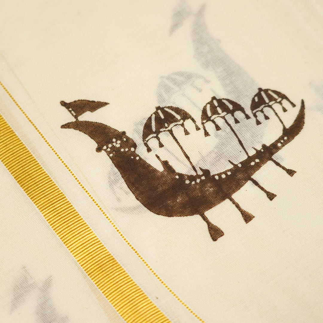Brown Boat Hand Block Printed Traditional Kasavu Dhoti With Golden Zari | Onam Special | 3.5m