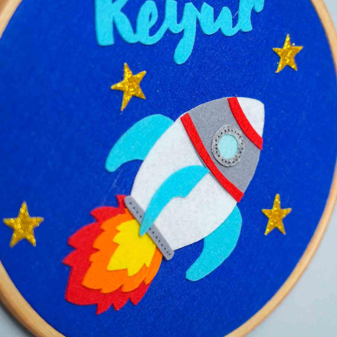 Handcrafted Personalized Rocket Hoop Nameplate - Close-up Showing Felt Design Details