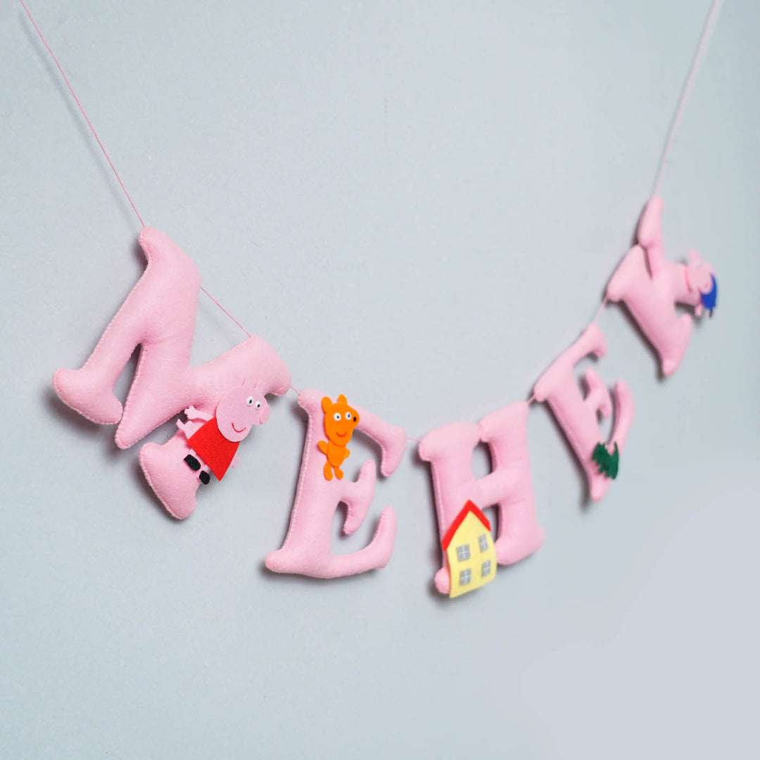 Handcrafted Personalized Peepa Pig Theme Felt Bunting - Hanging Name Banner Side Angle