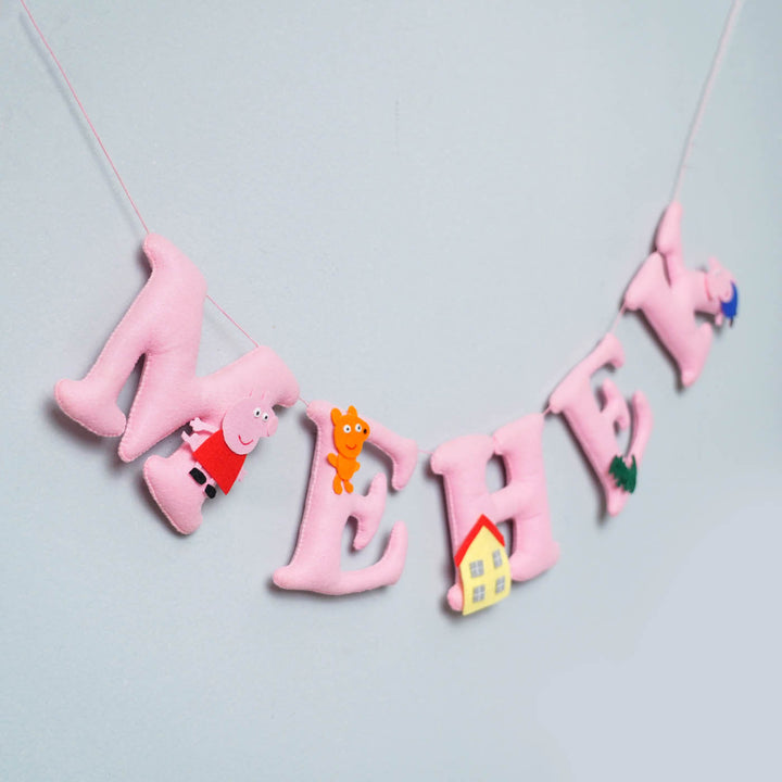 Handcrafted Personalized Peepa Pig Theme Felt Bunting - Hanging Name Banner Side Angle