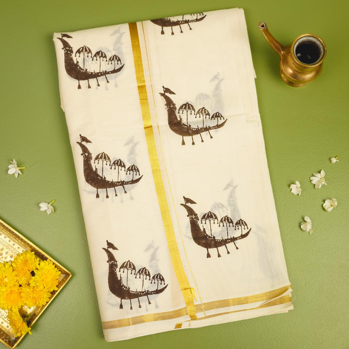 Brown Boat Hand Block Printed Traditional Kasavu Dhoti With Golden Zari | Onam Special | 3.5m