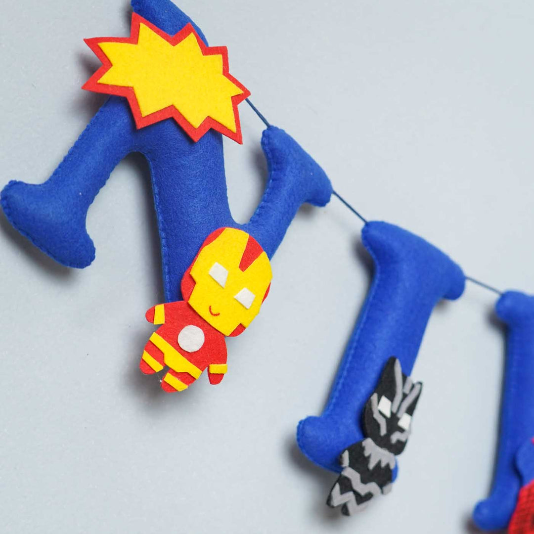 Handcrafted Personalized Superheroes Theme Felt Bunting - Close-up of Hanging Decorative Letters