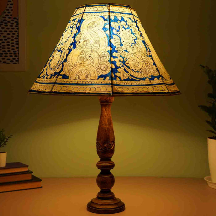 Blue Floral Peacock Hand Painted Tholu Bommalata Lamp Shade | 16 inches