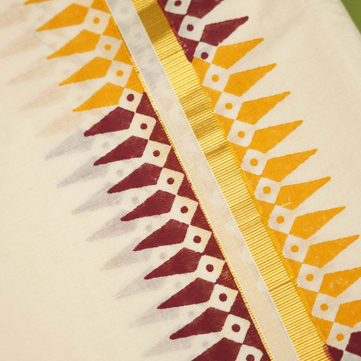 Temple Motif Dhoti | Hand Block Printed Traditional Kasavu Dhoti With Golden Zari | Onam Special | 3.5m