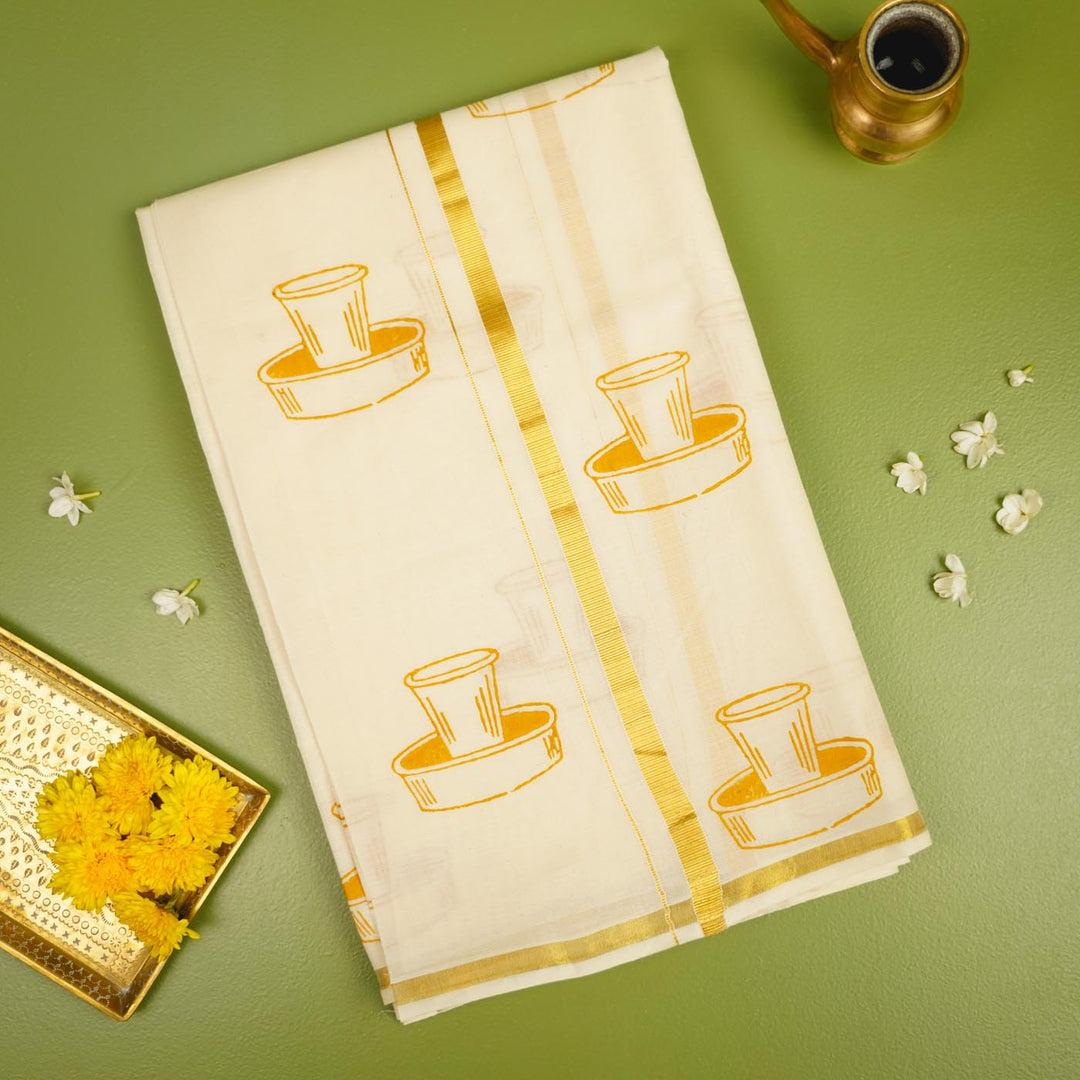 Filter Coffee Motif Dhoti | Hand Block Printed Traditional Kasavu Dhoti With Golden Zari | Onam Special | 3.5m