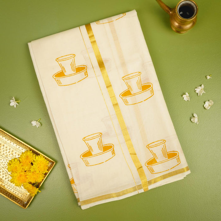 Filter Coffee Motif Dhoti | Hand Block Printed Traditional Kasavu Dhoti With Golden Zari | Onam Special | 3.5m