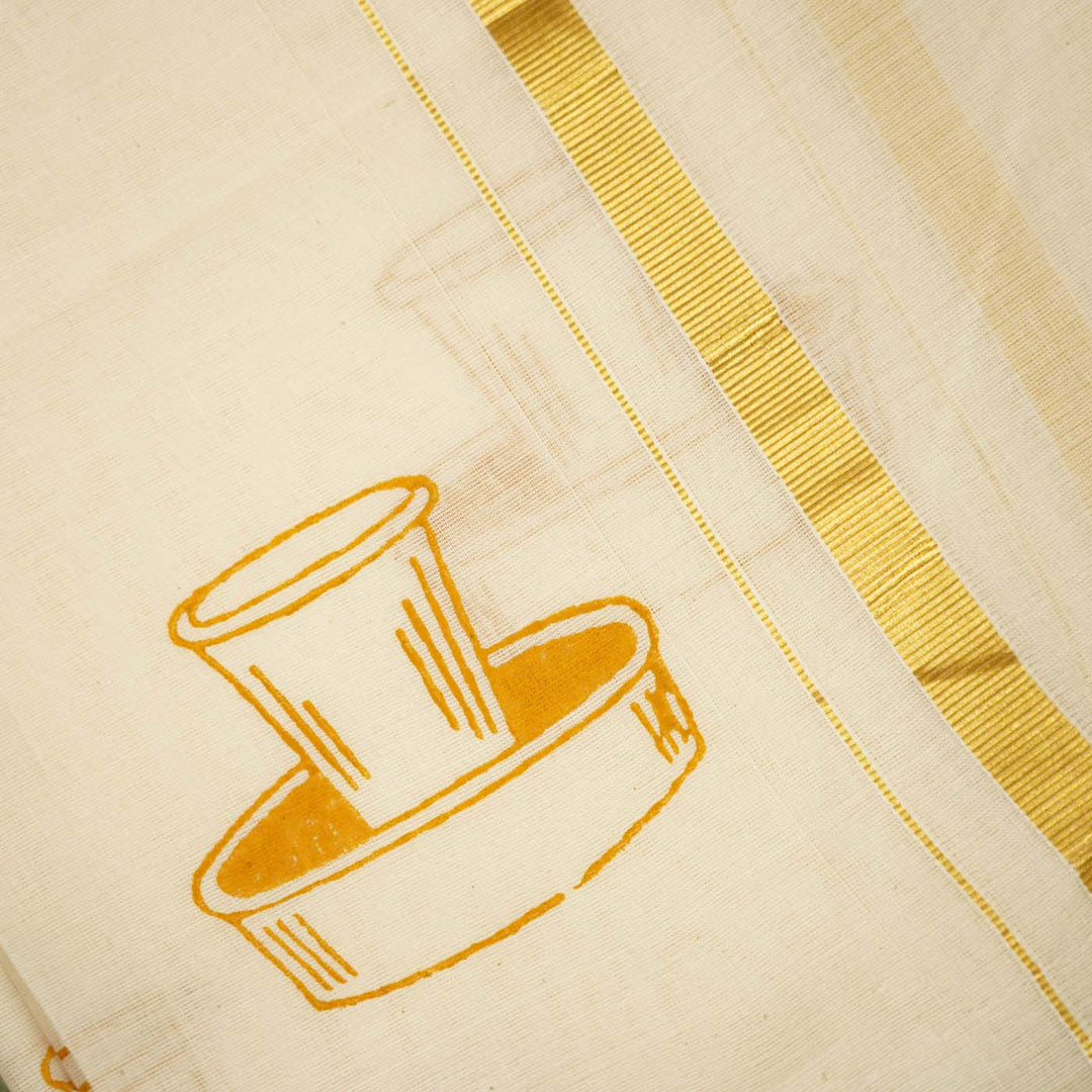 Filter Coffee Motif Dhoti | Hand Block Printed Traditional Kasavu Dhoti With Golden Zari | Onam Special | 3.5m