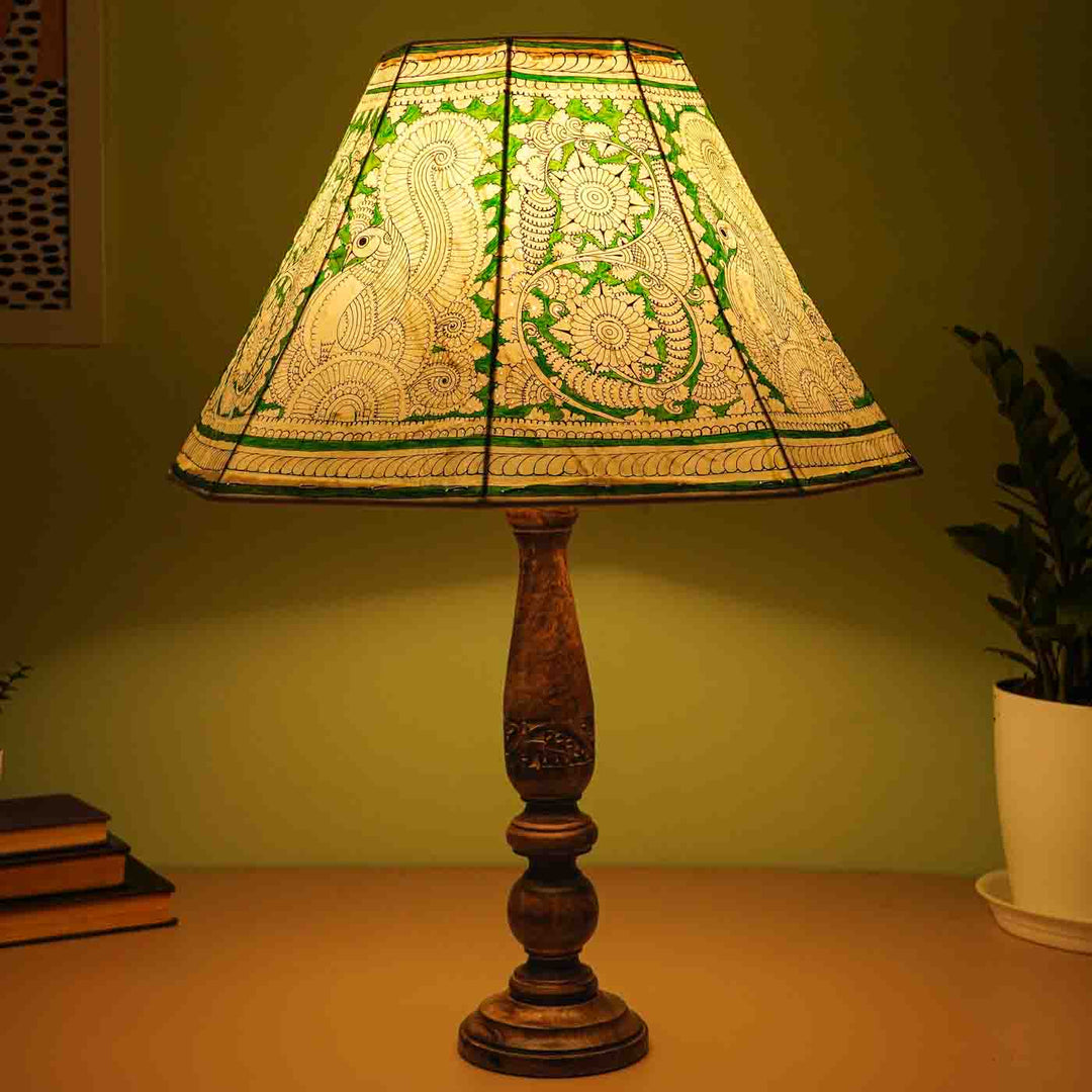 Green Floral Peacock Hand Painted Tholu Bommalata Lamp Shade | 16 inches